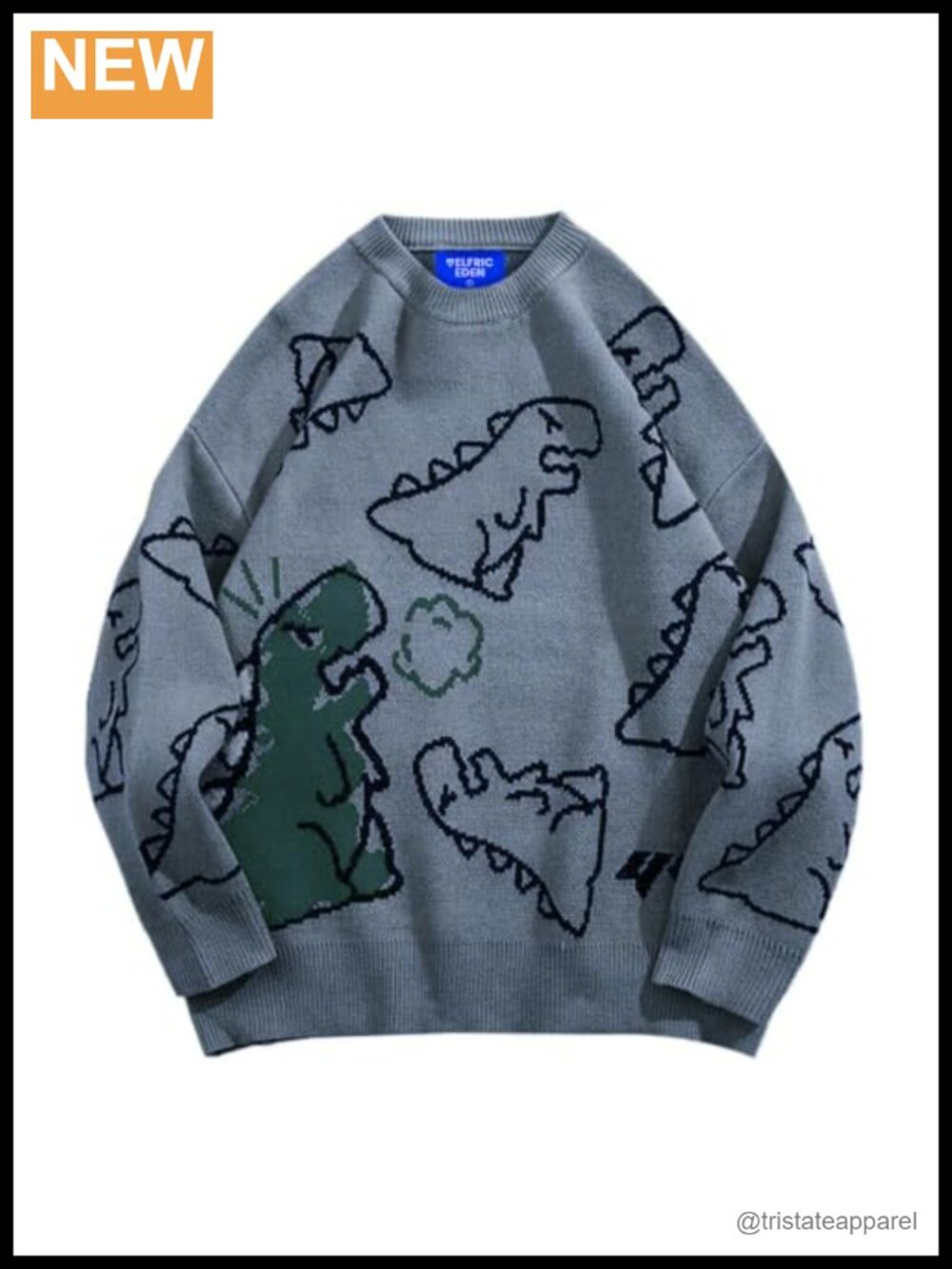 Oversized Knit Dinosaur Pullover Sweater Y2K Grunge Crew Neck